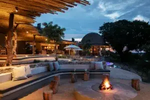 Luxury lodge with outdoor seating and fire pit